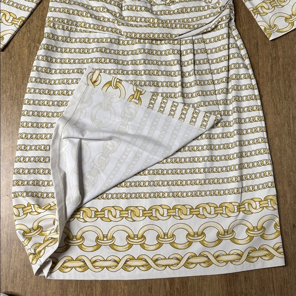 J. McLaughlin nwt Brea wrap gold optic link chain print white stretchy dress - Picture 5 of 9